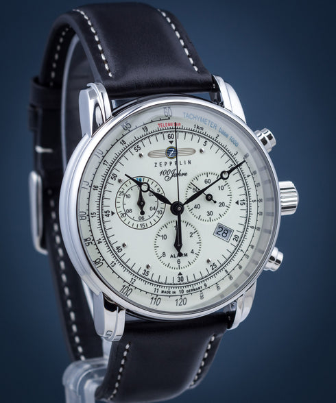 Zeppelin 100 Jahre 8680-3 Men's Alarm Chronograph – Ivory Dial, Black Leather Strap