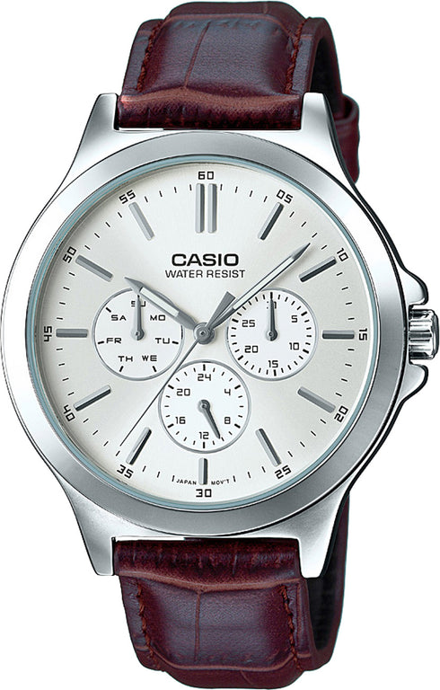 Reloj analógico clásico Casio MTP-V300L-7AUDF para hombre: esfera gris y piel marrón.