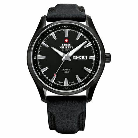 Swiss Military by Chrono SM34027.05 Men's Analog Quartz Watch - Black Dial, Stainless Steel Case, Leather Strap