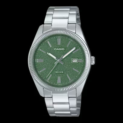 Reloj Casio MTP-1302DA-3AVDF para hombre: esfera verde y pulsera de acero inoxidable.