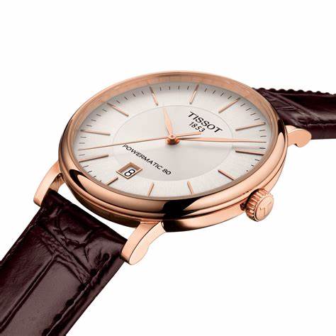 Tissot Carson Premium Powermatic 80 Men's Watch - Silver Dial, Rose Gold PVD Case, Brown Leather Strap