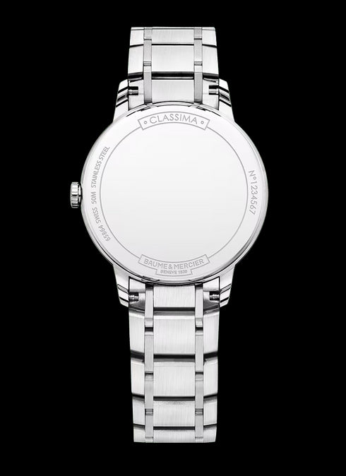 Orologio al quarzo da donna Baume & Mercier Classima MOA10478 - Cassa in acciaio inossidabile da 31 mm, quadrante in madreperla con lunetta di diamanti, datario, bracciale in acciaio inossidabile