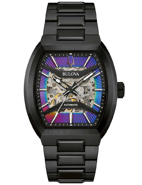 Bulova 98A320 Maquina Skeleton Watch – Black Stainless Steel, 40mm, Rainbow Dial