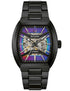 Bulova 98A320 Maquina Skeleton Watch – Black Stainless Steel, 40mm, Rainbow Dial