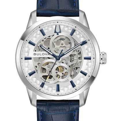 Bulova 96A330 Sutton Skeleton Automatic – Silver Dial, Blue Leather Strap