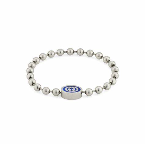 Gucci Interlocking G Boule Chain Sterling Silver Blue Enamel Bracelet - Size 18cm