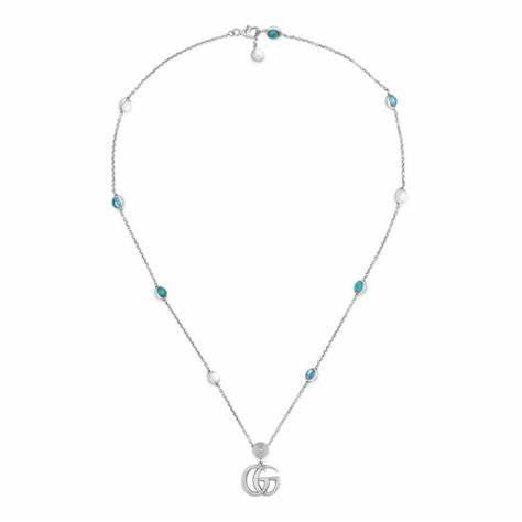 Gucci GG Marmont Sterling Silver Necklace with Mother of Pearl and Topaz - Model YBB527399001