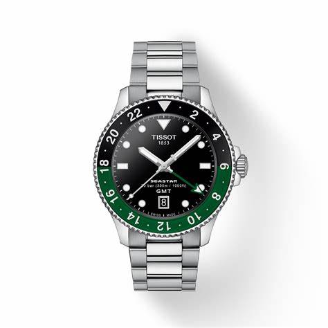 Tissot Seastar 1000 GMT al quarzo T120.852.11.051.00 - Quadrante nero, bracciale in acciaio inossidabile