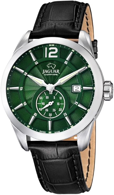 Orologio svizzero al quarzo Jaguar da uomo - Modello J663/3, cassa in acciaio, quadrante verde, cinturino in pelle nera