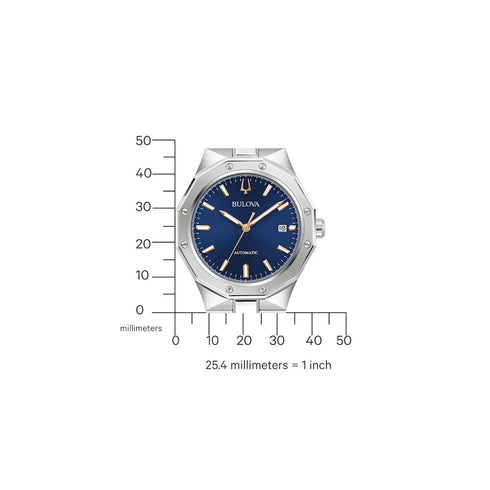 Bulova 96B463 Men's Automatic Watch – Blue Dial, 40mm Steel Case, 100m WR