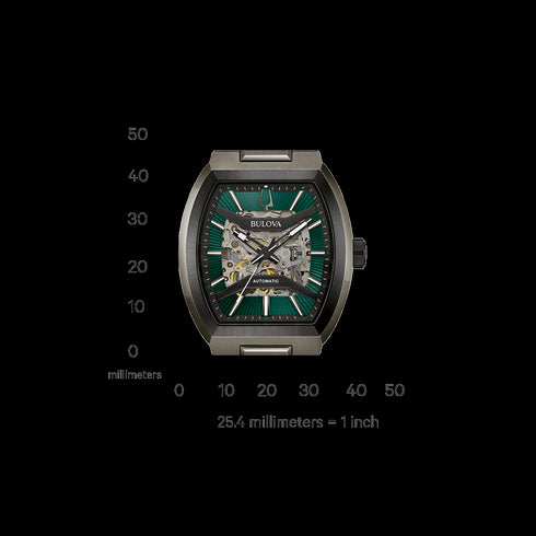 Bulova 98A321 Men's Maquina Automatic Watch – Green Skeleton Dial, 40mm Gunmetal Case