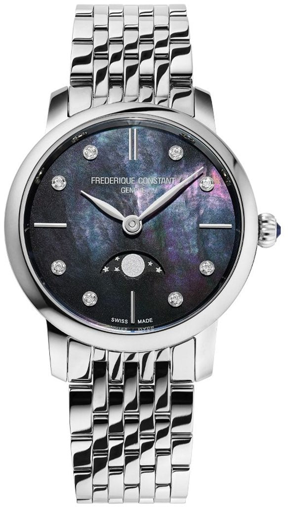 Frederique Constant Slimline Ladies Moonphase FC-206MPBD1S6B - Quadrante nero in madreperla, bracciale in acciaio inossidabile