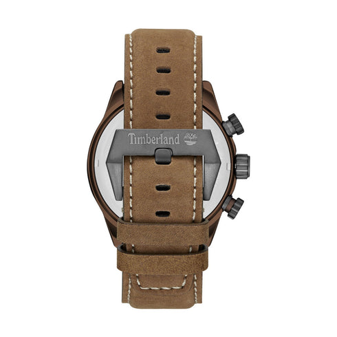Timberland TBL14816JLBN07 Henniker II Men's Watch – 46mm Brown Stainless Steel Case, Beige Dial, Dual Time, Day-Date, Brown Leather Strap, 5 ATM Water Resistance