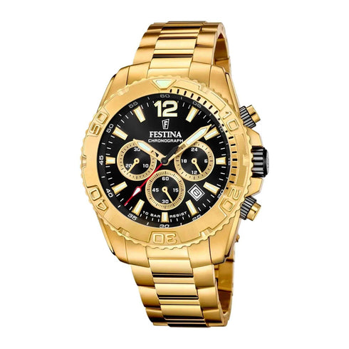 Festina Timeless Chronograph F20684/4 Men’s 45 mm Quartz – Gold-Tone Stainless Steel, Black Dial, Chronograph, 100 m Water‑Resistant