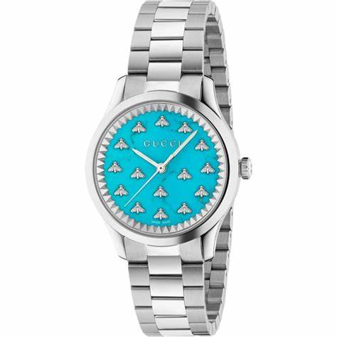 Gucci G-Timeless YA1265044 Women's Watch – Turquoise Stone Dial with Bee Motif, Stainless Steel Bracelet