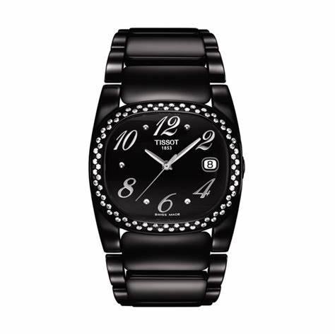 Tissot T-Moments T0093101105702 Damenuhr – Schwarzes Zifferblatt, diamantbesetzte Lünette, schwarzes PVD-Edelstahlarmband