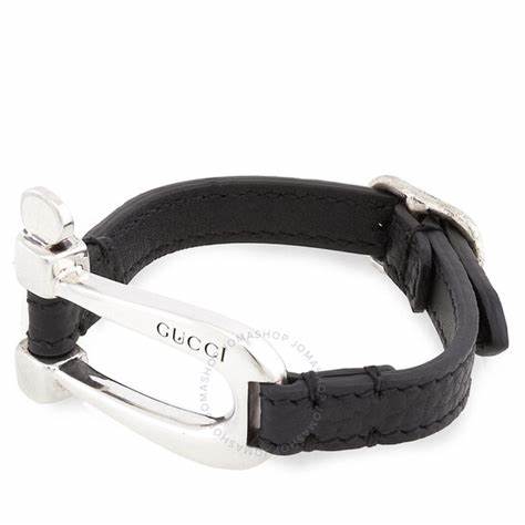 Gucci Stirrup Motif Horsebit Symbols Bracelet - Black Leather & 925 Sterling Silver - 17 cm