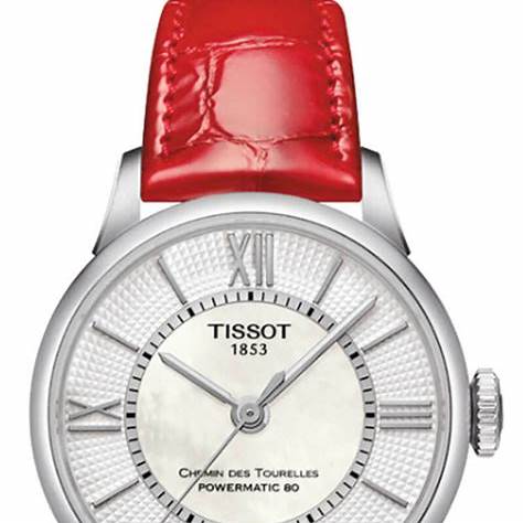 Tissot Chemin des Tourelles Powermatic 80 Lady Watch - Mother-of-Pearl Dial, Red Leather Strap