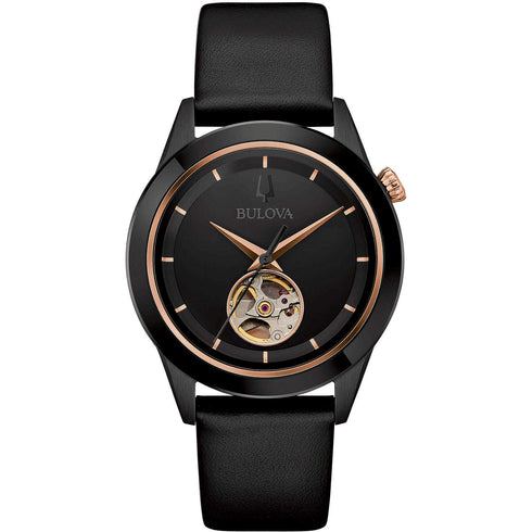 Bulova 98A322 Men's Automatic Watch – Black IP Case, Open Heart Dial, Leather Strap