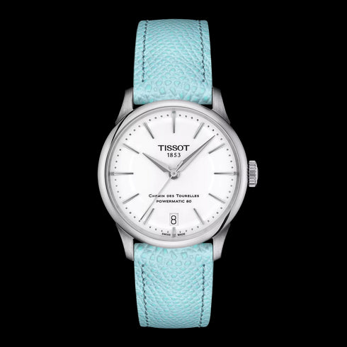 Orologio Tissot Chemin des Tourelles Powermatic 80 Donna - Cassa in acciaio inossidabile 34 mm, quadrante bianco, cinturino in pelle blu chiaro