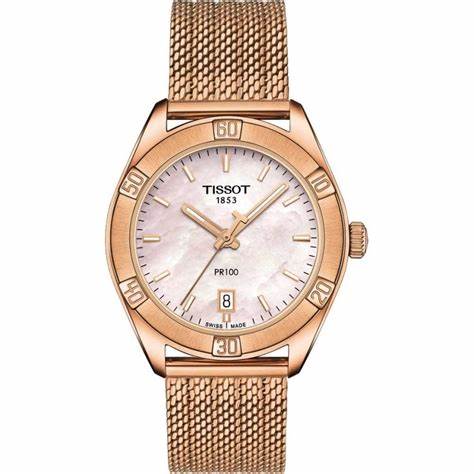 Orologio Tissot PR 100 Sport Chic Donna - Quadrante rosa madreperla, bracciale a maglie in PVD oro rosa