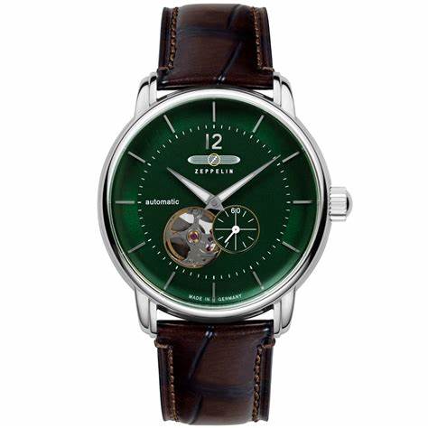 Zeppelin 8166-4 LZ120 Bodensee Orologio automatico da uomo - Quadrante verde, design a cuore aperto, cinturino in pelle marrone