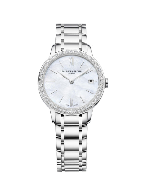 Orologio al quarzo da donna Baume & Mercier Classima MOA10478 - Cassa in acciaio inossidabile da 31 mm, quadrante in madreperla con lunetta di diamanti, datario, bracciale in acciaio inossidabile