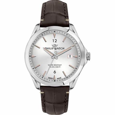 Philip Watch R8251165007 Orologio da uomo Blaze - 41 mm, quadrante argento, cinturino in pelle marrone