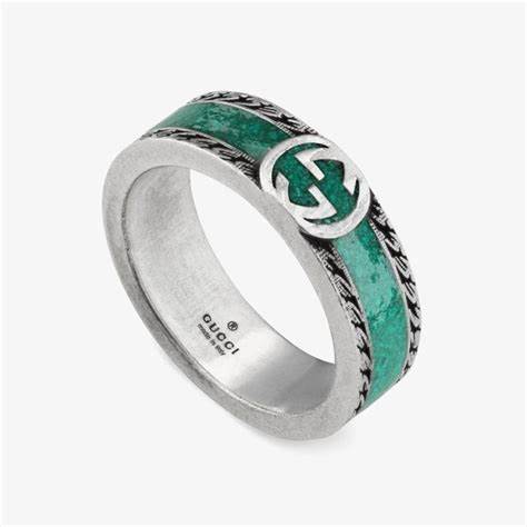 Gucci Interlocking G Sterling Silver and Turquoise Enamel Ring - Size 6