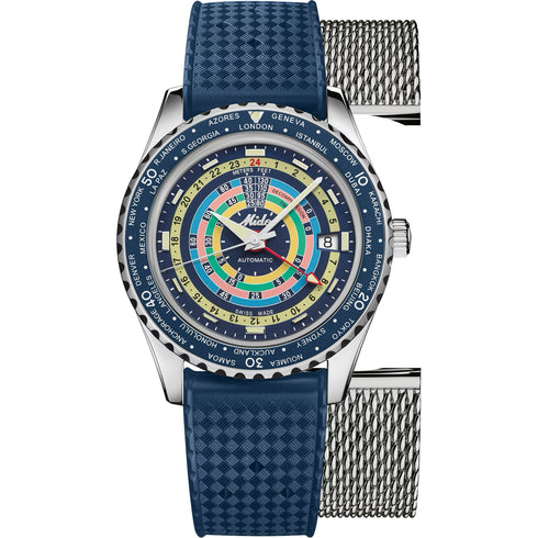 Mido Ocean Star Decompression Worldtimer M026.829.17.041.00 Orologio automatico da uomo - Quadrante blu, bracciale in acciaio inossidabile