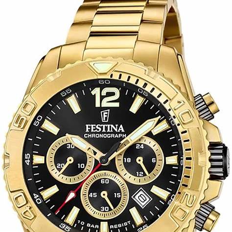 Festina Timeless Chronograph F20684/4 Men’s 45 mm Quartz – Gold-Tone Stainless Steel, Black Dial, Chronograph, 100 m Water‑Resistant
