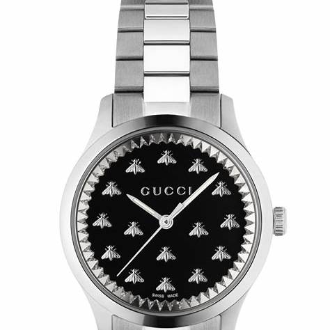 Gucci G-Timeless YA1265034 Montre femme - cadran en onyx noir avec motif abeille, bracelet en acier inoxydable
