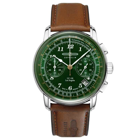 Zeppelin LZ126 Los Angeles Chronograph 7614-4 Men's Watch - Green Dial, Brown Leather Strap