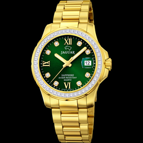 Jaguar Women's Swiss Quartz Watch - Model J895/2, Gold-Tone Stainless Steel, Green Dial, Crystal Accents