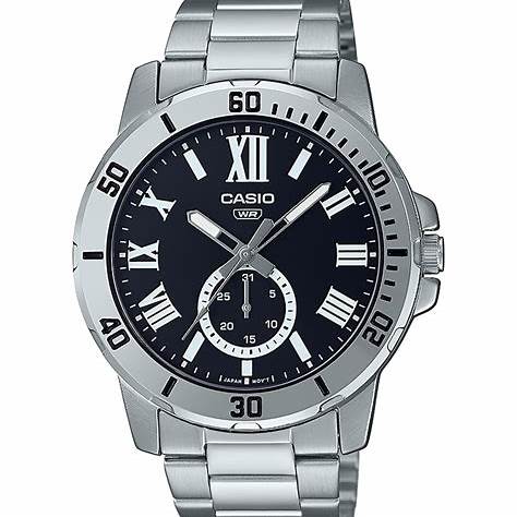 Casio MTP-VD200D-1BUDF Herren-Edelstahlarmbanduhr – Schwarzes Zifferblatt