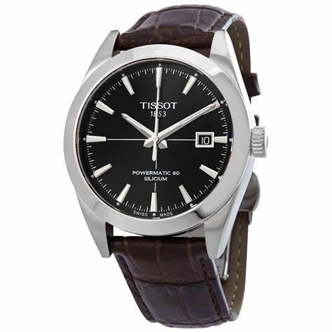 Tissot Gentleman Powermatic 80 Silicium Men's Watch - Black Dial, Stainless Steel Case, Brown Leather Strap