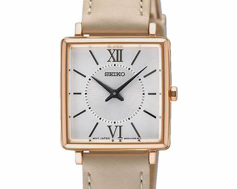 Reloj cuadrado de cuarzo Seiko SWR114P1 para mujer: caja de oro rosa y correa beige.