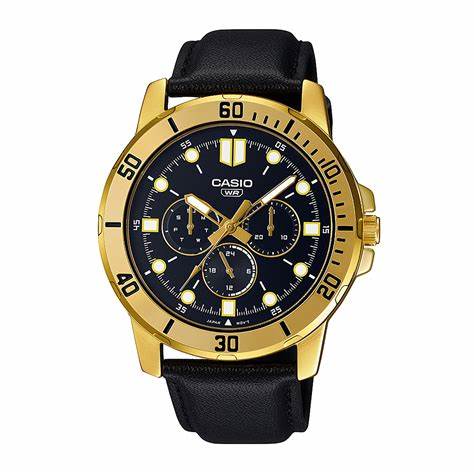 Casio MTP-VD300GL-1EUDF Men's Watch - Black Dial, Gold-Tone Case, Black Leather Band