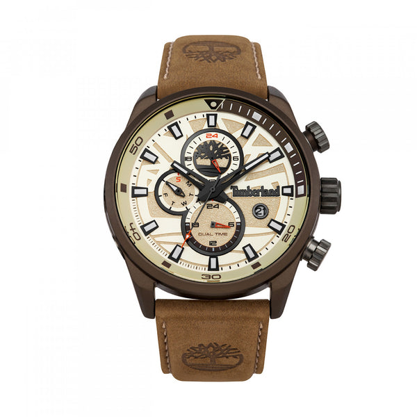 Timberland TBL14816JLBN07 Orologio da uomo Henniker II - Cassa in acciaio inossidabile marrone 46 mm, quadrante beige, doppio fuso orario, data e giorno, cinturino in pelle marrone, impermeabilità 5 ATM
