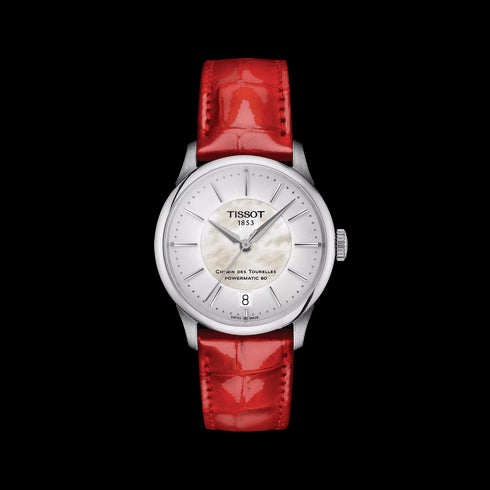 Tissot Chemin des Tourelles Powermatic 80 Women's Watch T1392071611100 - 34mm, Mother-of-Pearl Dial, Red Leather Strap