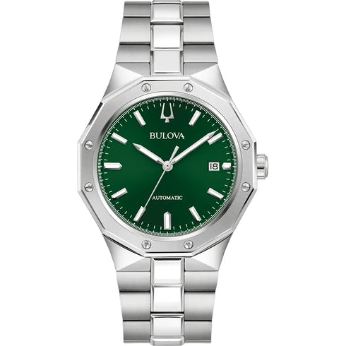 Bulova 96B464 Men's Automatic Watch – Green Dial, 40mm Steel Case, 100m WR
