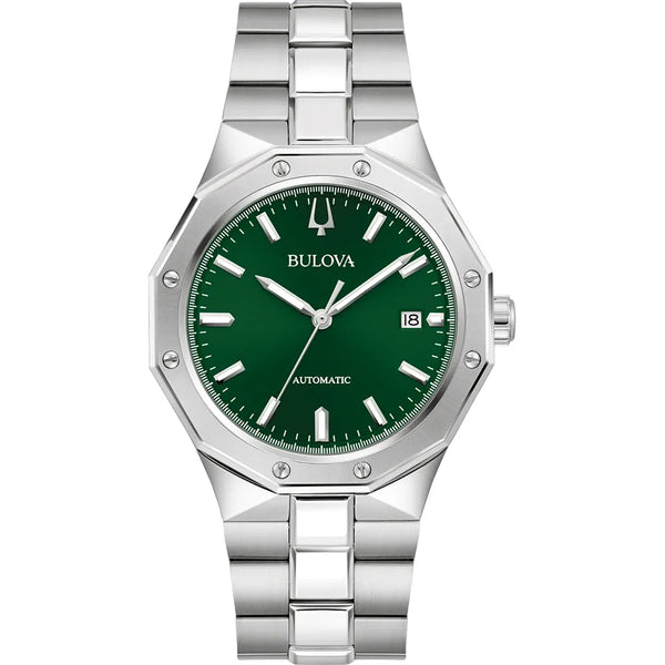 Bulova 96B464 Men's Automatic Watch – Green Dial, 40mm Steel Case, 100m WR