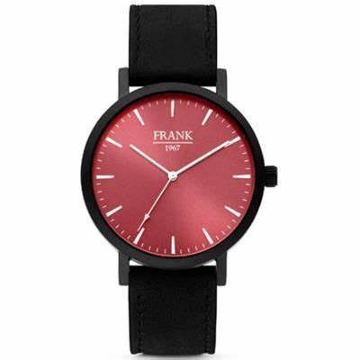 Frank 1967 7FW-0002 Orologio da uomo - Cinturino in pelle nera, quadrante rosso, 42 mm