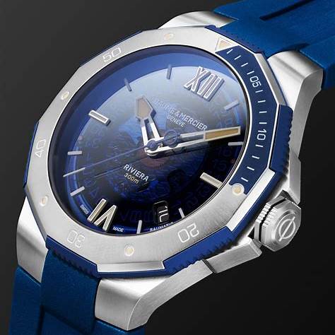 Baume & Mercier Riviera 10716 Orologio automatico da uomo - Quadrante blu fumé in zaffiro, cassa in acciaio, cinturino in gomma blu