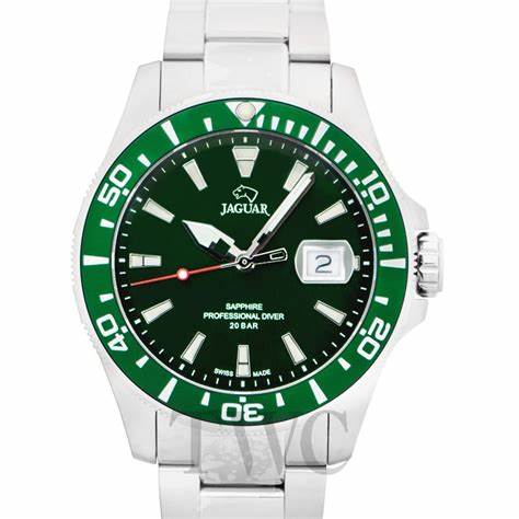 Orologio subacqueo professionale al quarzo svizzero Jaguar da uomo - Modello J860/B, cassa in acciaio, quadrante verde, vetro zaffiro