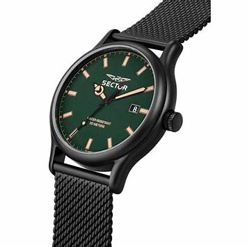 Sector 660 R3253517021 Men's Quartz Watch - 43mm Green Dial, Black Stainless Steel Mesh Bracelet