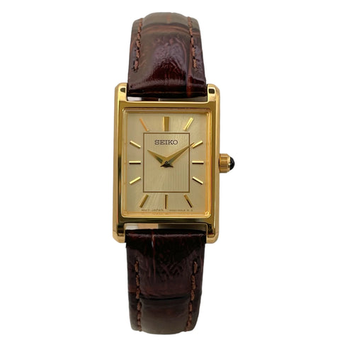 Seiko SWR066P1 Women's Watch – Gold Rectangular Case, Brown Leather Strap