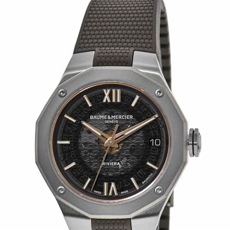 Baume & Mercier Riviera 10720 Orologio automatico da uomo - Quadrante zaffiro grigio fumé, cassa in acciaio, cinturino in gomma grigio