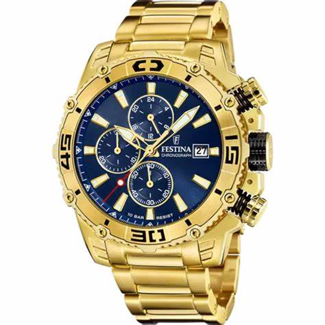 Festina Prestige F20492/2 Men's 48 mm Chronograph – Blue Dial, Gold Tone Stainless Steel, Sapphire Glass, 100 m