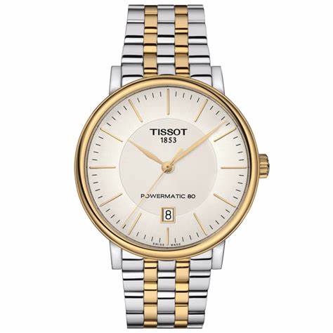 Reloj Tissot Carson Premium Powermatic 80 para hombre T1224072203100 - Acero inoxidable bicolor, esfera plateada
